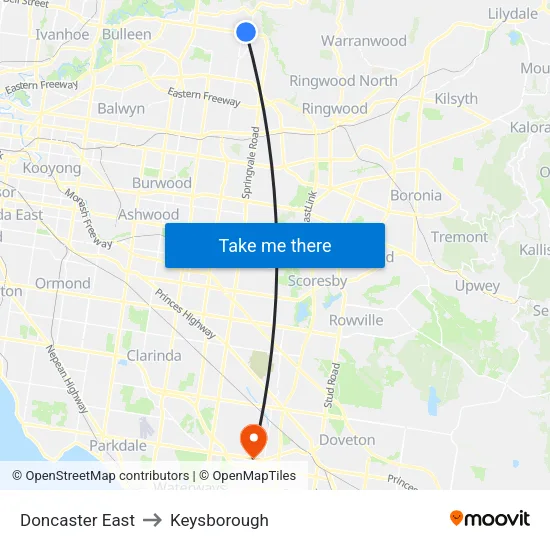 Doncaster East to Keysborough map