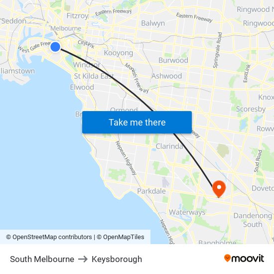 South Melbourne to Keysborough map