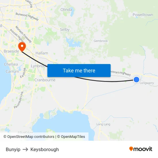 Bunyip to Keysborough map