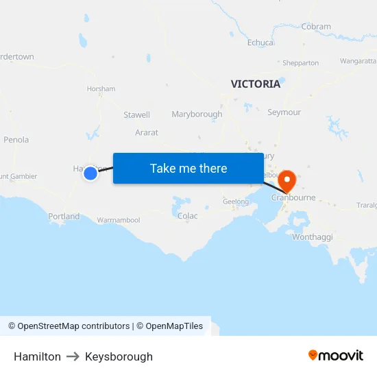Hamilton to Keysborough map