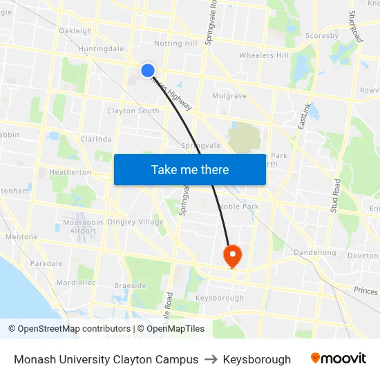 Monash University Clayton Campus to Keysborough map