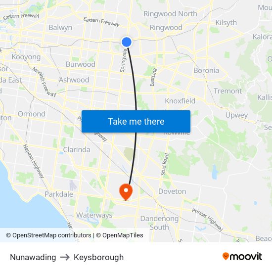 Nunawading to Keysborough map