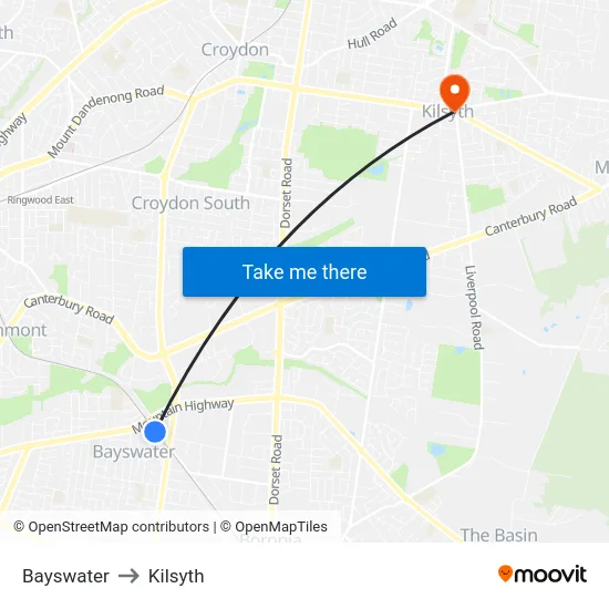 Bayswater to Kilsyth map