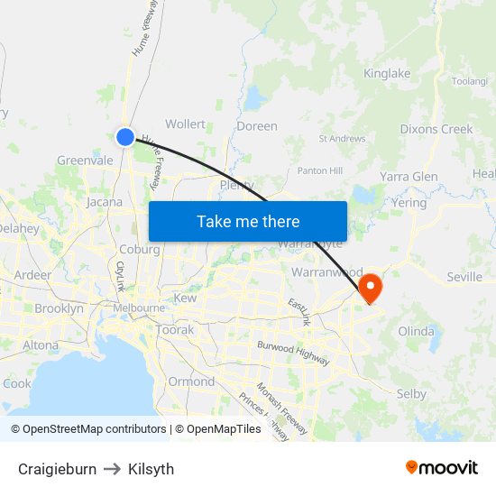 Craigieburn to Kilsyth map