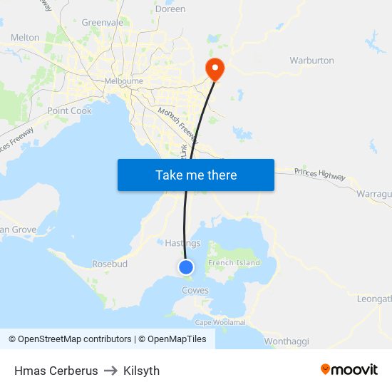 Hmas Cerberus to Kilsyth map