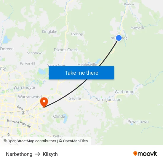 Narbethong to Kilsyth map