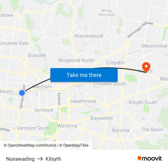 Nunawading to Kilsyth map