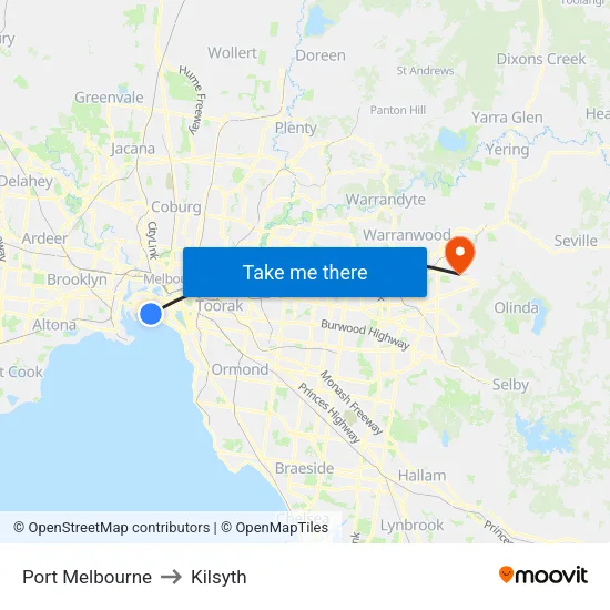 Port Melbourne to Kilsyth map