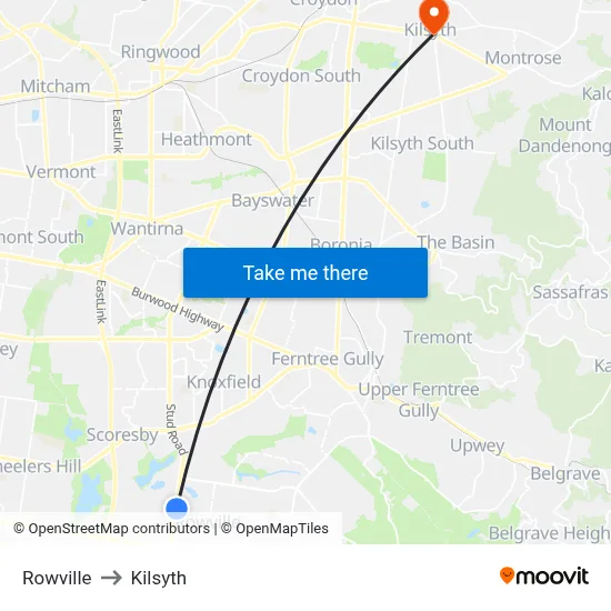 Rowville to Kilsyth map