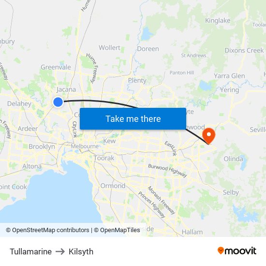 Tullamarine to Kilsyth map