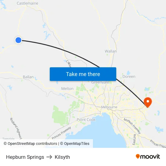 Hepburn Springs to Kilsyth map