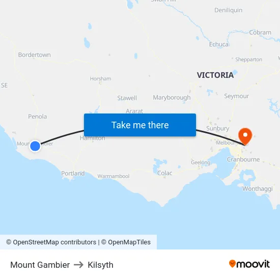 Mount Gambier to Kilsyth map