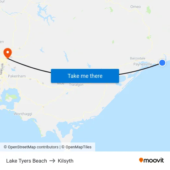 Lake Tyers Beach to Kilsyth map