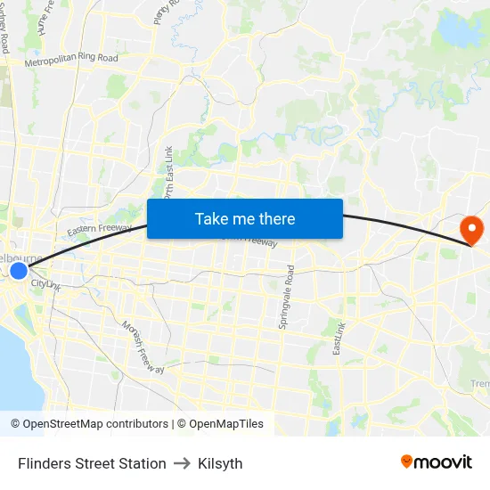 Flinders Street Station to Kilsyth map