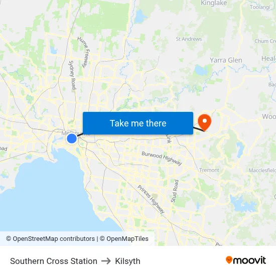 Southern Cross Station to Kilsyth map