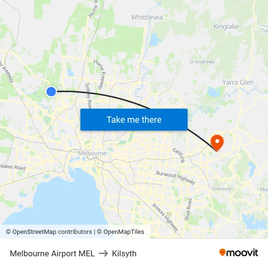 Melbourne Airport MEL to Kilsyth map