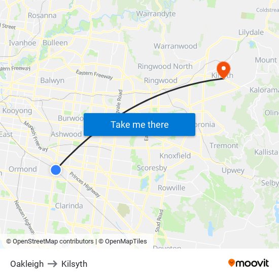 Oakleigh to Kilsyth map