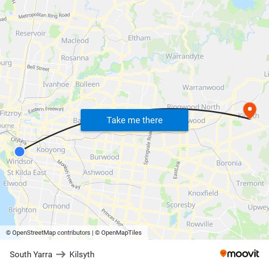 South Yarra to Kilsyth map