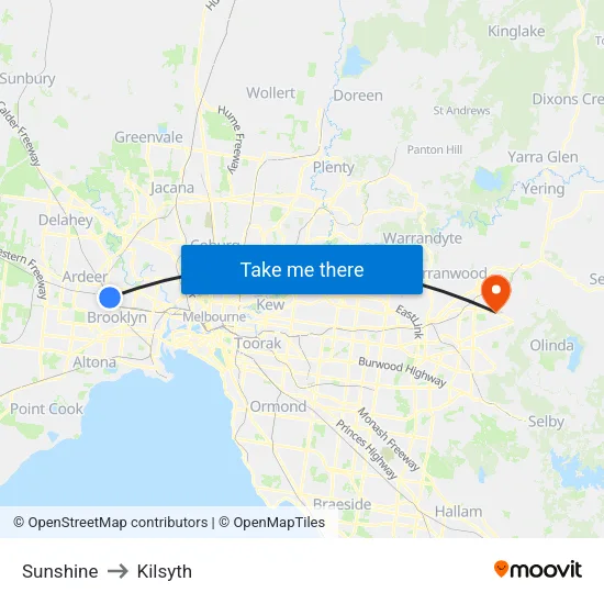 Sunshine to Kilsyth map