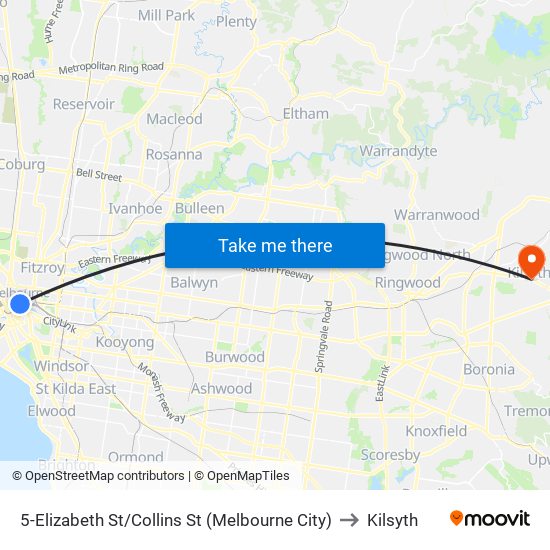 5-Elizabeth St/Collins St (Melbourne City) to Kilsyth map