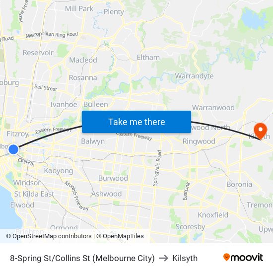 8-Spring St/Collins St (Melbourne City) to Kilsyth map