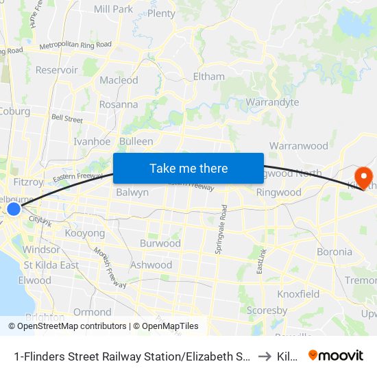 1-Flinders Street Railway Station/Elizabeth St (Melbourne City) to Kilsyth map