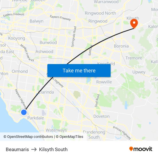 Beaumaris to Kilsyth South map