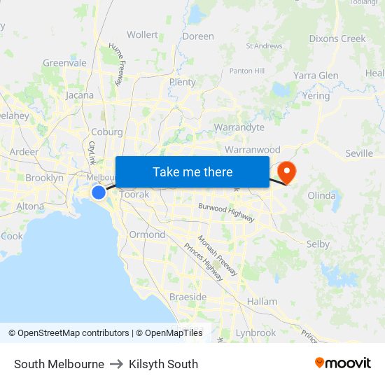 South Melbourne to Kilsyth South map