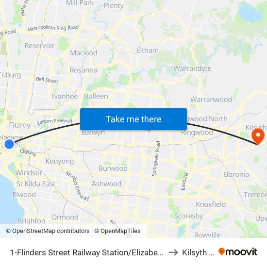1-Flinders Street Railway Station/Elizabeth St (Melbourne City) to Kilsyth South map