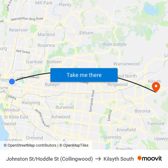 Johnston St/Hoddle St (Collingwood) to Kilsyth South map