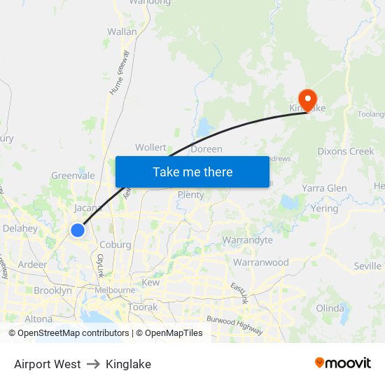 Airport West to Kinglake map