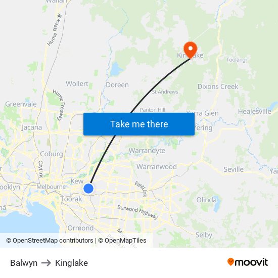 Balwyn to Kinglake map