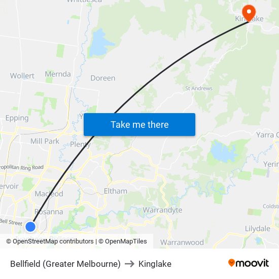 Bellfield (Greater Melbourne) to Kinglake map