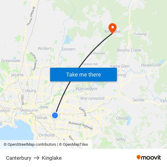 Canterbury to Kinglake map