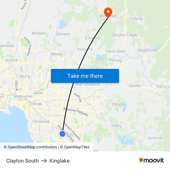 Clayton South to Kinglake map