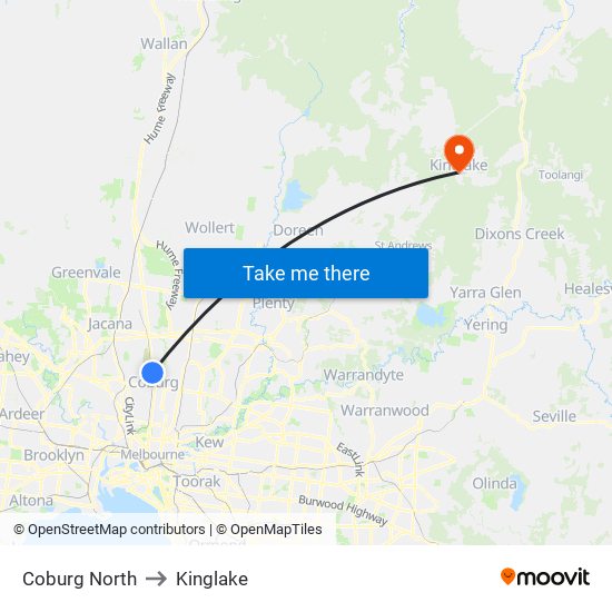 Coburg North to Kinglake map