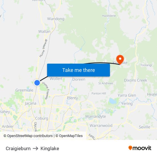 Craigieburn to Kinglake map