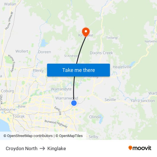 Croydon North to Kinglake map