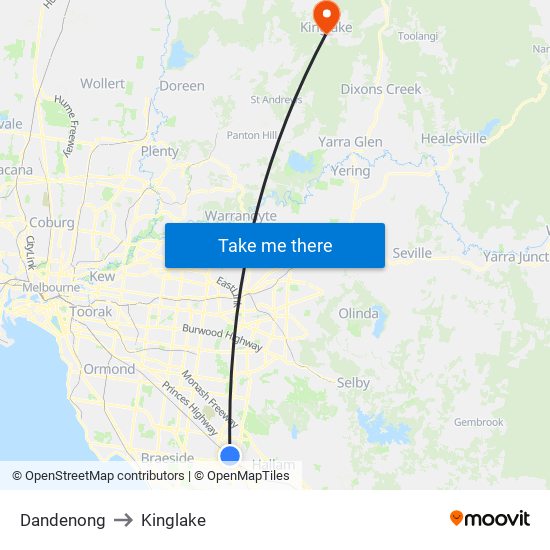 Dandenong to Kinglake map