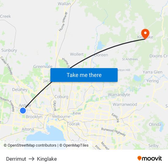 Derrimut to Kinglake map