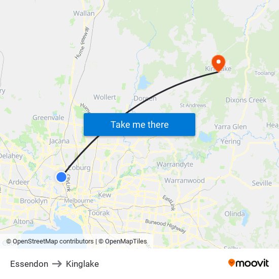 Essendon to Kinglake map