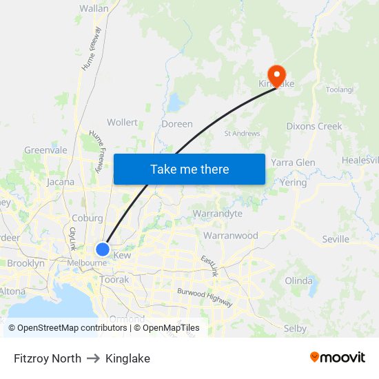 Fitzroy North to Kinglake map