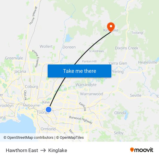 Hawthorn East to Kinglake map