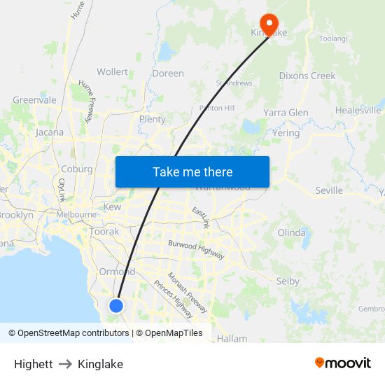 Highett to Kinglake map