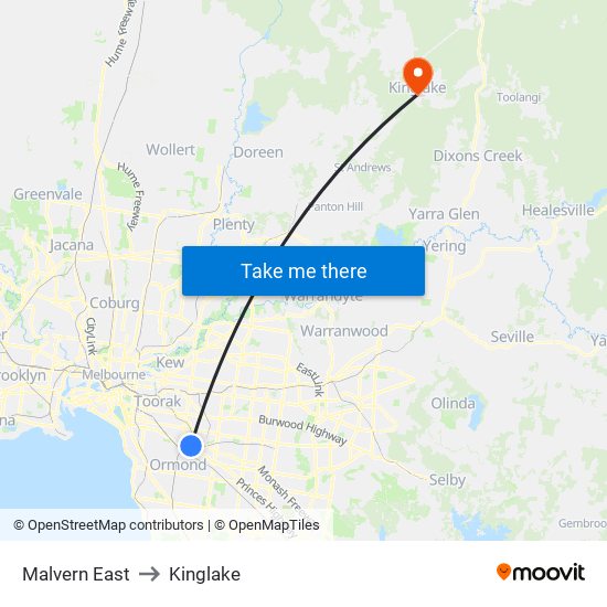 Malvern East to Kinglake map