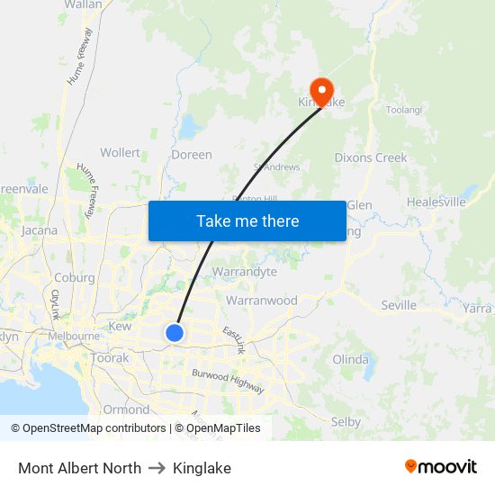 Mont Albert North to Kinglake map