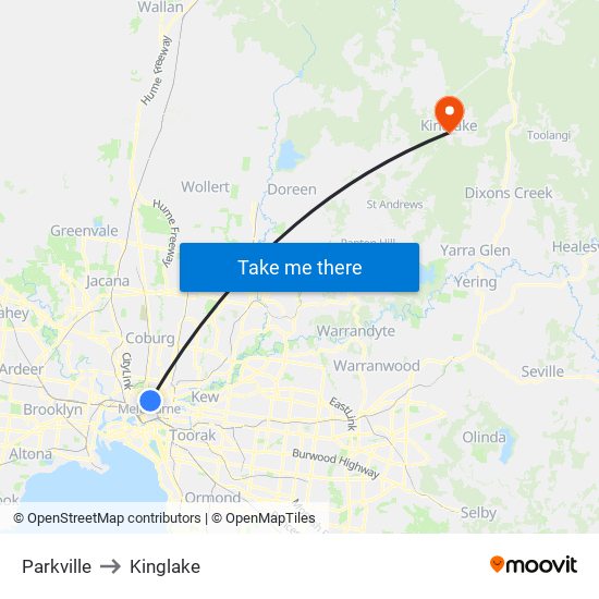 Parkville to Kinglake map