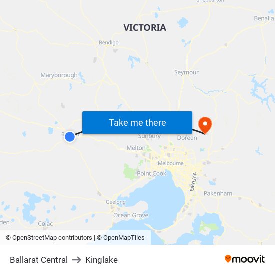 Ballarat Central to Kinglake map