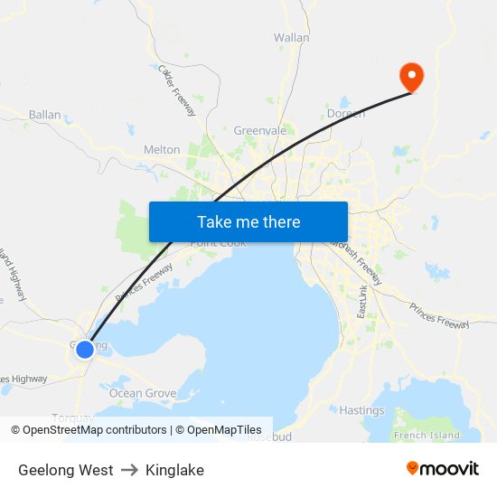 Geelong West to Kinglake map