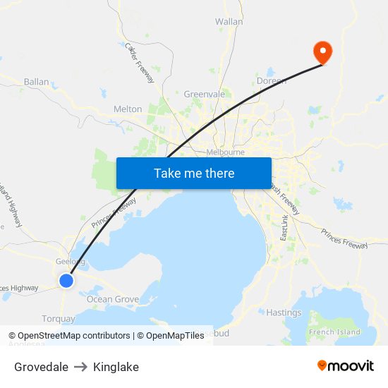 Grovedale to Kinglake map